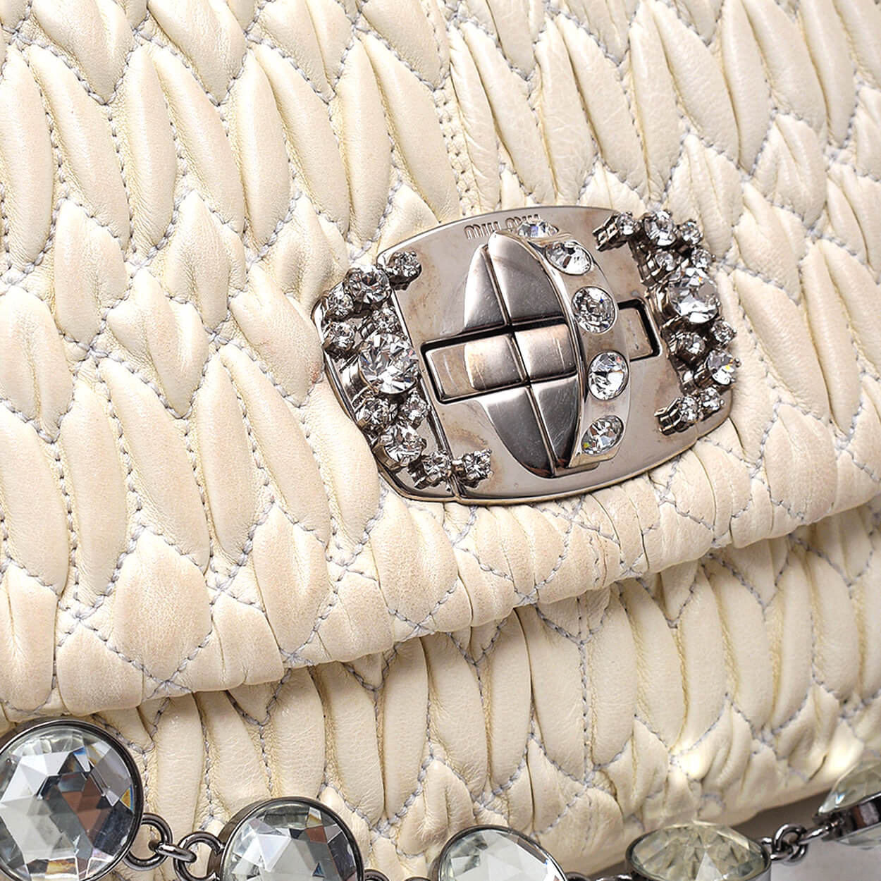 Miu Miu - Cream Matelasse Leather Bag w Iconic Crystal Cloque & Strap 